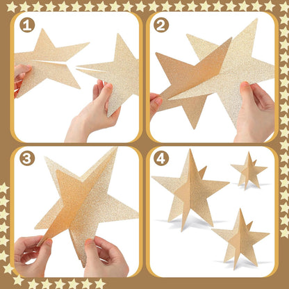 45 Pcs 3D Star Centerpieces Movie Night Decorations for Table in 3 Sizes Hanging Supplies for Red Carpet Film Show Theme Birthday New Year Party First Day of School Table Decor(Champagne)