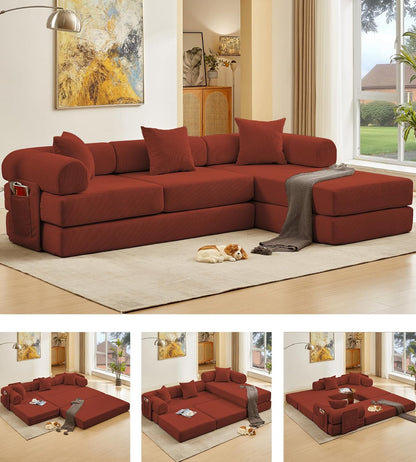 107" Oversized Convertible Sleeper Sofa Bed, Corduroy L Shape Sectional Couch, Folding Sofa Bed with Side Pocket, Modern Cloud Floor Mattress Couch, Modular Sofa for Living Room, Red