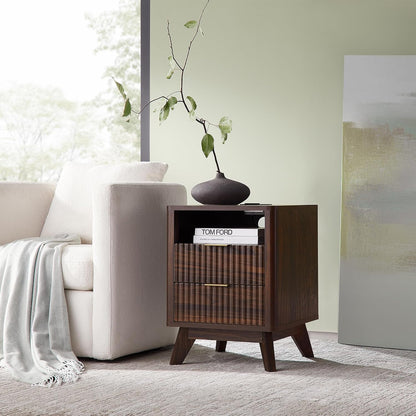 T4TREAM Fluted Nightstand Set of 2 with Charging Station, 18" Modern Side Table, 2 Drawers End Table with Storage, Bedside for Bedroom, Living Room, Curved Profile Design, Dark Walnut