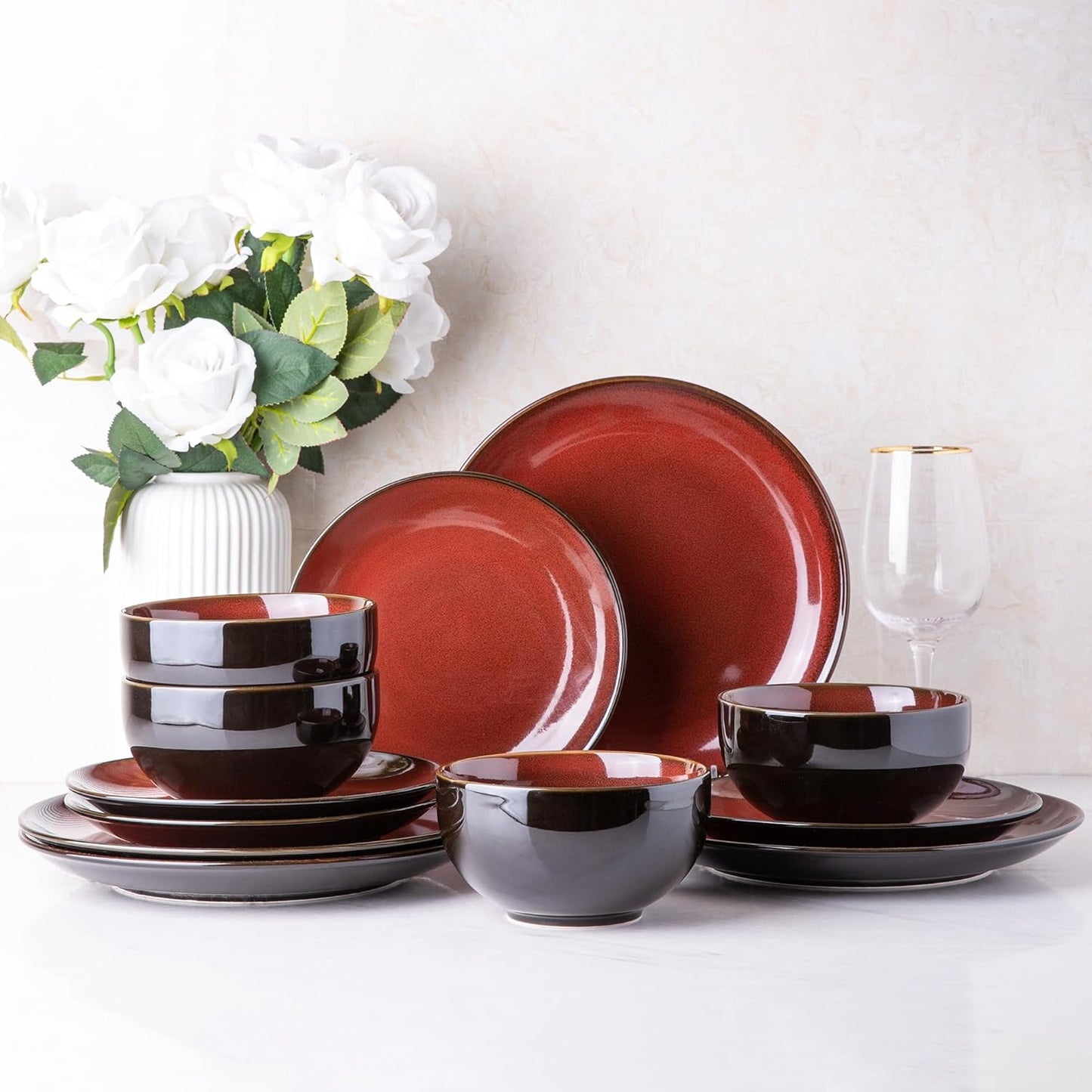 LERATIO Ceramic Dinnerware Sets for 4,Stoneware Coupe Plates and Bowls Sets,Highly Chip and Crack Resistant | Dishwasher & Microwave & Oven Safe Dishes set,Reactive Glaze Dinnerware- Service for 4