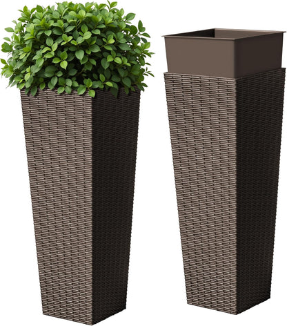 Devoko Resin Tall Planters for Outdoor Plants Set of 2, Large Taper Outdoor Planter Pots with 4 Drainage Holes, Flower Pots Modern Decor for Porch, Patio, Backyard, Home Garden (Brown, 32")