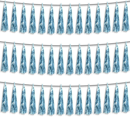 3P Light Blue Foil Fringe Metallic Tassel Streamers Banner Tassel Garland for Parade Floats, Bachelorette, Wedding, Birthday, Halloween, Christmas, Bridal/Baby Shower Party Decorations