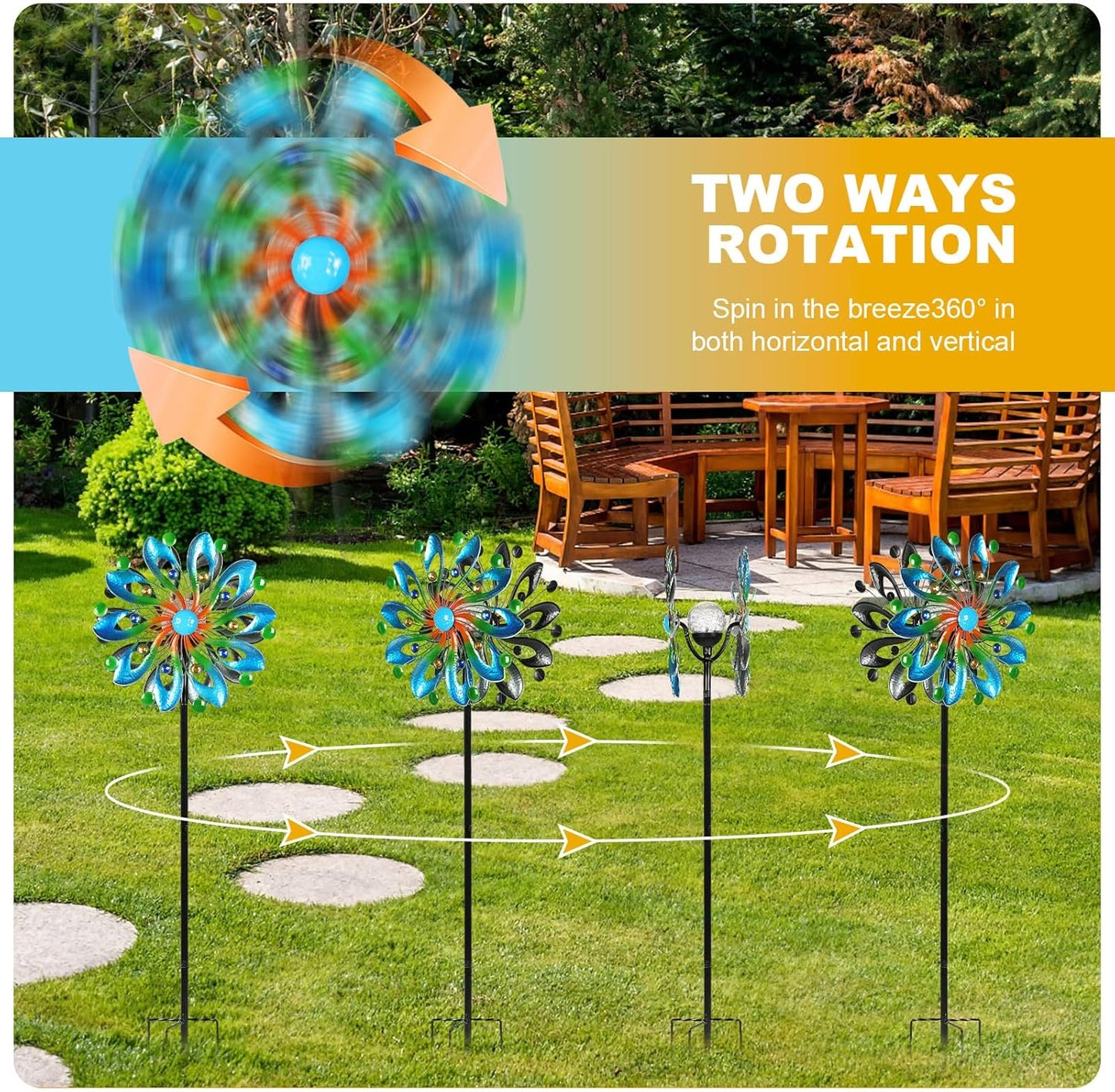 Wind Spinners for Yard and Garden - Wind Sculptures & Spinners, 75 Inch, Navy Blue, Kinetic Art with Solar Powered Multi-Color Glass Ball Light