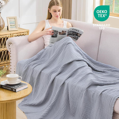 EMME Cotton Muslin Throw Blanket Couch Breathable Gauze Blanket Soft Lightweight Blankets Adults (Dusty Blue, 50"x60")