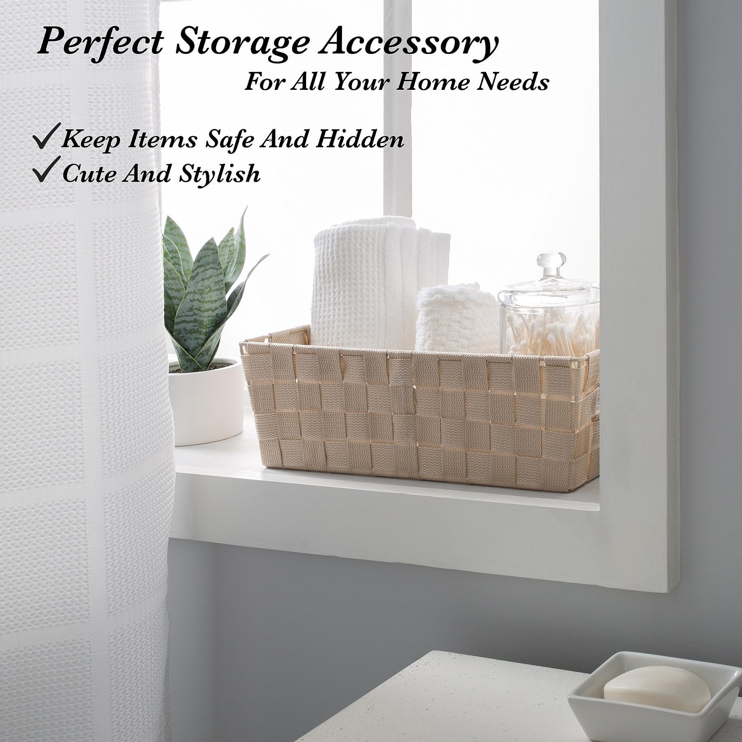 Simplify Extra Long Shelf Woven Strap Tote | Decorative Storage Basket | Built in Handles |