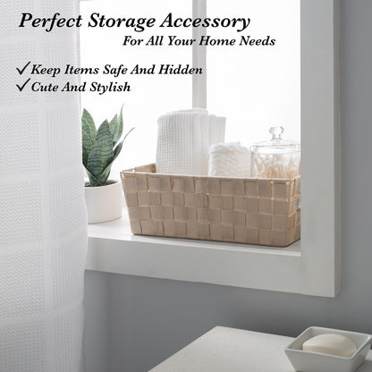 Simplify Extra Long Shelf Woven Strap Tote | Decorative Storage Basket | Built in Handles |