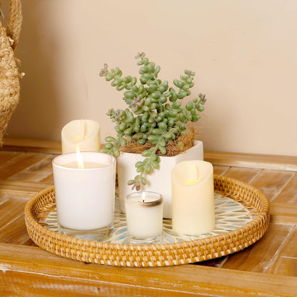 Round Rattan Tray with Mother of Pearl Inlay & Wooden Base - Decorative Wicker Serving Tray for Coffee/Bread/Fruits, Food Storage & Display - Multipurpose Home Decor (M,Colorful Leaves)