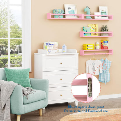 Forbena Large Pink Kids Book Shelves for Girls Room Wall Set of 4, Floating Nursery Book Shelf for Baby Girl Deocr, 24 Inches Long Wall Mounted Bookshelf for Toddler Kid Child Teens Bedroom (Pink)