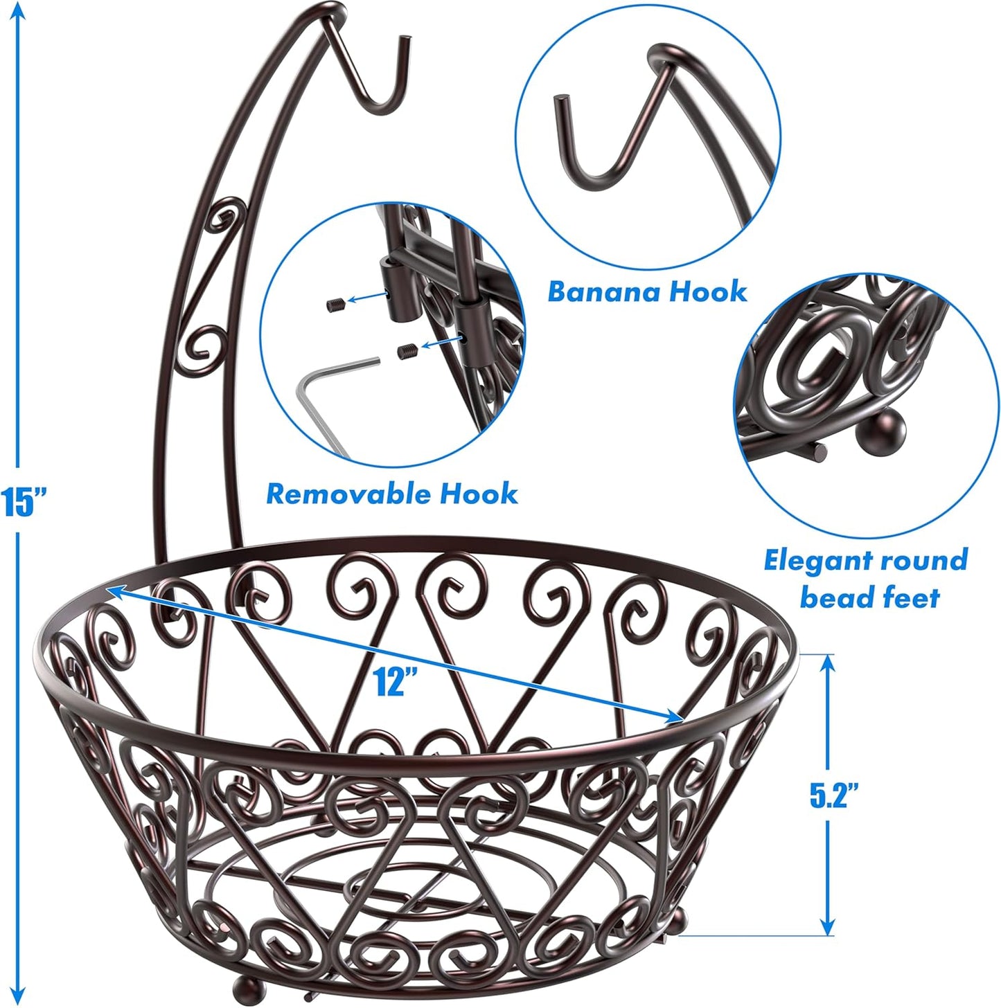 SimpleHouseware Fruit Basket Bowl with Banana Tree Hanger, Bronze