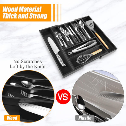 Bellsal Large Premium Bamboo Silverware Organizer - Expandable Utensil Drawer Organizer - 17"x19.6" Utensil Holder and Cutlery Tray with Grooved for Kitchen Flatware and Utensils(7-9 Slot, Black)