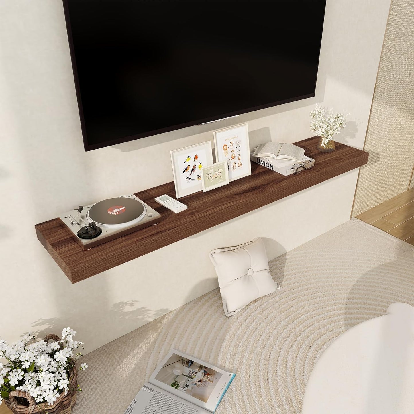 Floating Shelves 55 Inch Long, 12 Inch Deep Floating Shelves for Wall, Rustic Deep Wall Shelf for Fireplace Mantel, 55 x 12 Large Display Shelf for Living Room, Bedroom, Kitchen, Walnut Color, 1 Pack