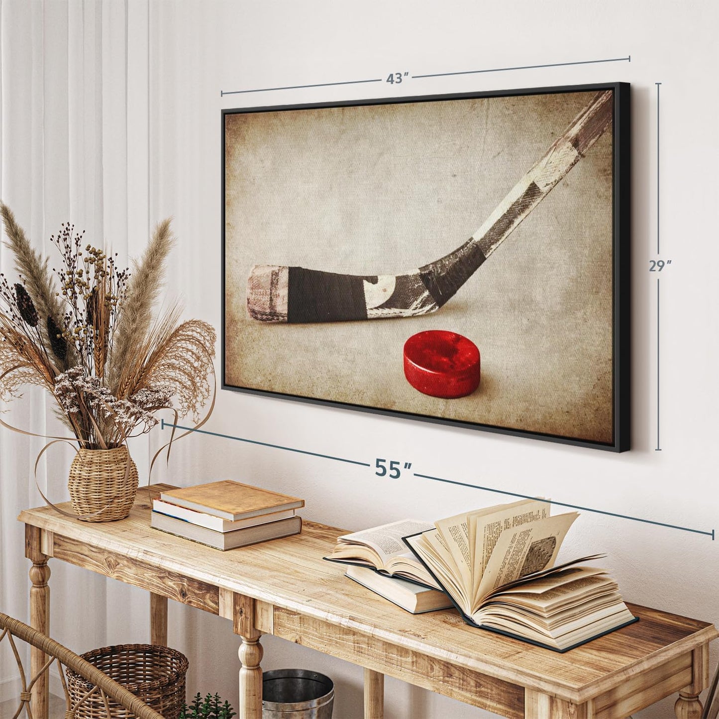 Elephant Stock Vintage Ice Hockey Wall Art - Horizontal Framed Canvas - 1-Piece Hallway Wall Decor - Photography Sports Canvas Print - Brown and Beige Decor for Wall - 43" X 29"