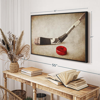 Elephant Stock Vintage Ice Hockey Wall Art - Horizontal Framed Canvas - 1-Piece Hallway Wall Decor - Photography Sports Canvas Print - Brown and Beige Decor for Wall - 43" X 29"