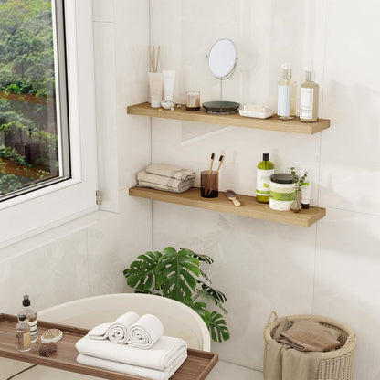 Fun Memories Floating Shelves for Wall, 32" Rustic Wood Deep Wall Mounted Shelves with Invisible Brackets for Decor & Storage, Floating Shelf for Living Room, Bathroom (Oak, Set of 2)