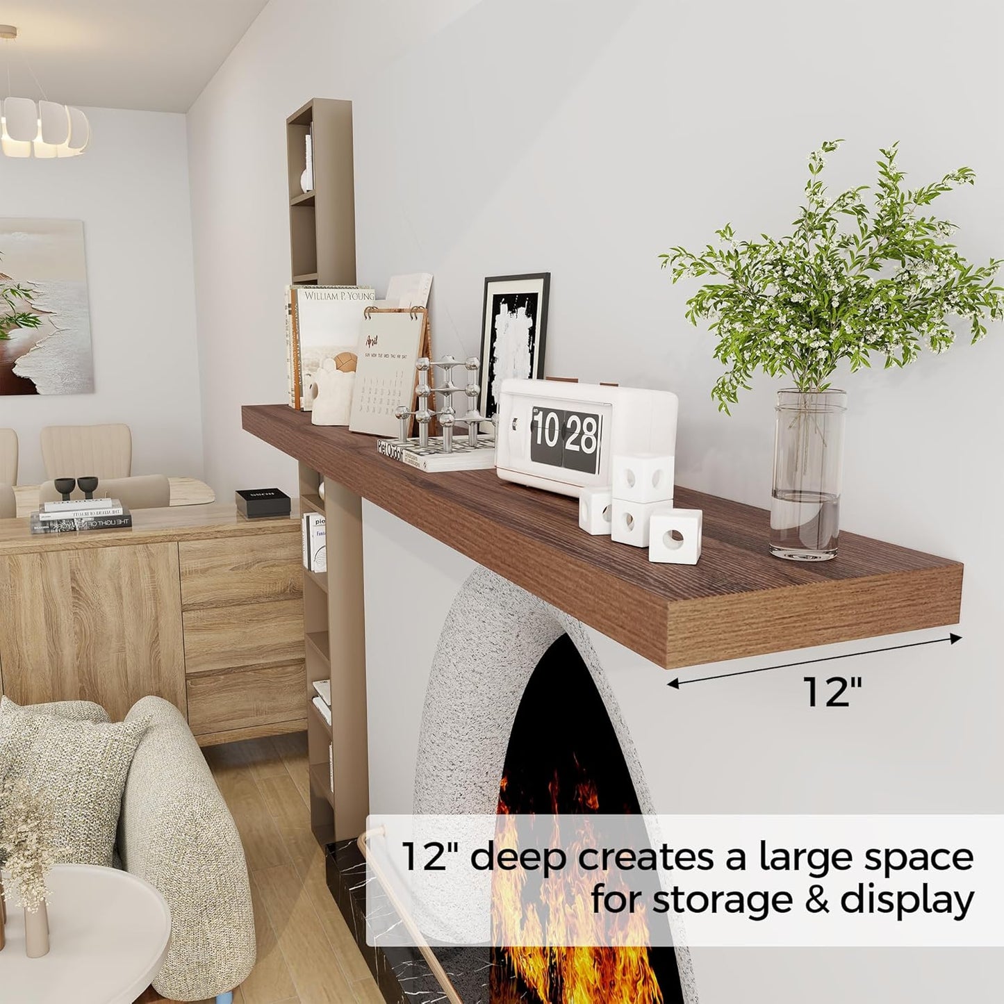 Fun Memories 72 Inch Floating Shelf, 12 Inch Deep Wall Shelf for Fireplace Mantel, Deep Storage Shelves for Home & Office, Wall Shelves with Invisible Bracket, Walnut, Set of 1