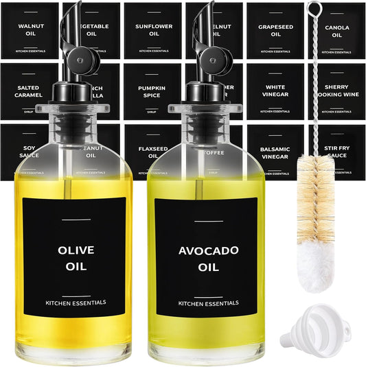 Olive Oil Dispenser Bottle - Includes 55 Kitchen Essential Labels - Cooking Oil Bottles for