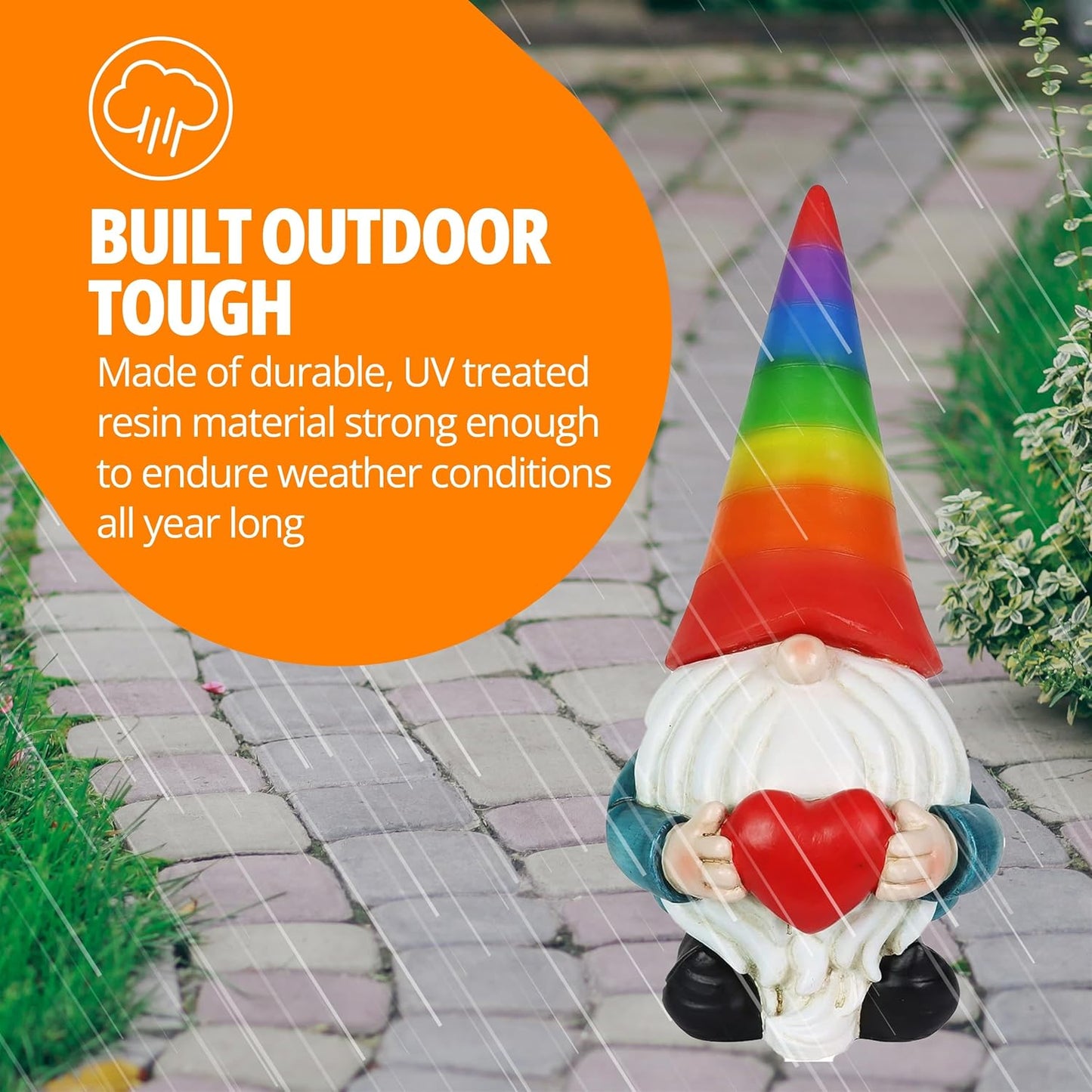 Exhart Garden Gnome, Solar Garden Gnome Statue with Heart, LED Rainbow Hat, Cute Outdoor Garden Decoration, 6 x 12.5 Inch, Multicolor, Resin