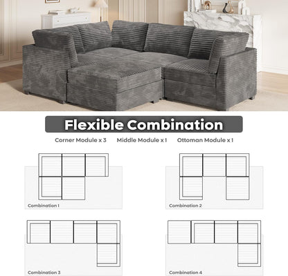 ovios Sectional Sofa Couch with L-Shape Chaise Sofa Bed, Comfy Modular Cloud Couches with Deep Seat, Modern Upholstered Plush Corduroy Sofas Set for Living Room, 5-Seater, Grey