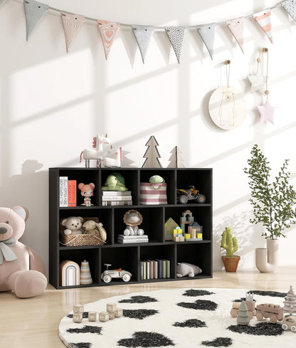 11 Cube Kids Toy Storage Organizer with Kids Shelf, Baby Bookshelf for Nursery, 3-Tier Children Wooden Bookcase, Storage Bookshelf for Classroom, Playroom, Kindergarten, Black