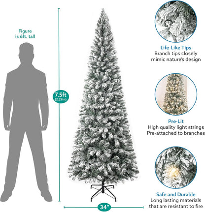 Naomi Home Salzburg 7.5ft Frosted Prelit Slim Artificial Christmas Tree with 1102 Branch Tips, 350 Warm Lights and Metal Stand, 34" Wide Realistic Snow Flocked Skinny Pencil Christmas Tree