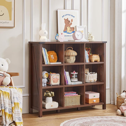 9 Cube Bookcase, Farmhouse 47 Inch Wide Brown Walnut Bookshelf, Wooden 3 Tier Display Large Open Book Shelf, Vintage Horizontal Book Case for Home Office, Cubby Storage Cabinet for Living Room