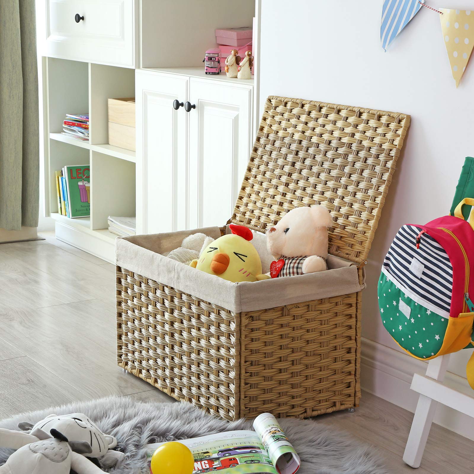 SONGMICS Storage Basket with Lid, Woven Blanket Storage Bin with Handles, Foldable, Removable
