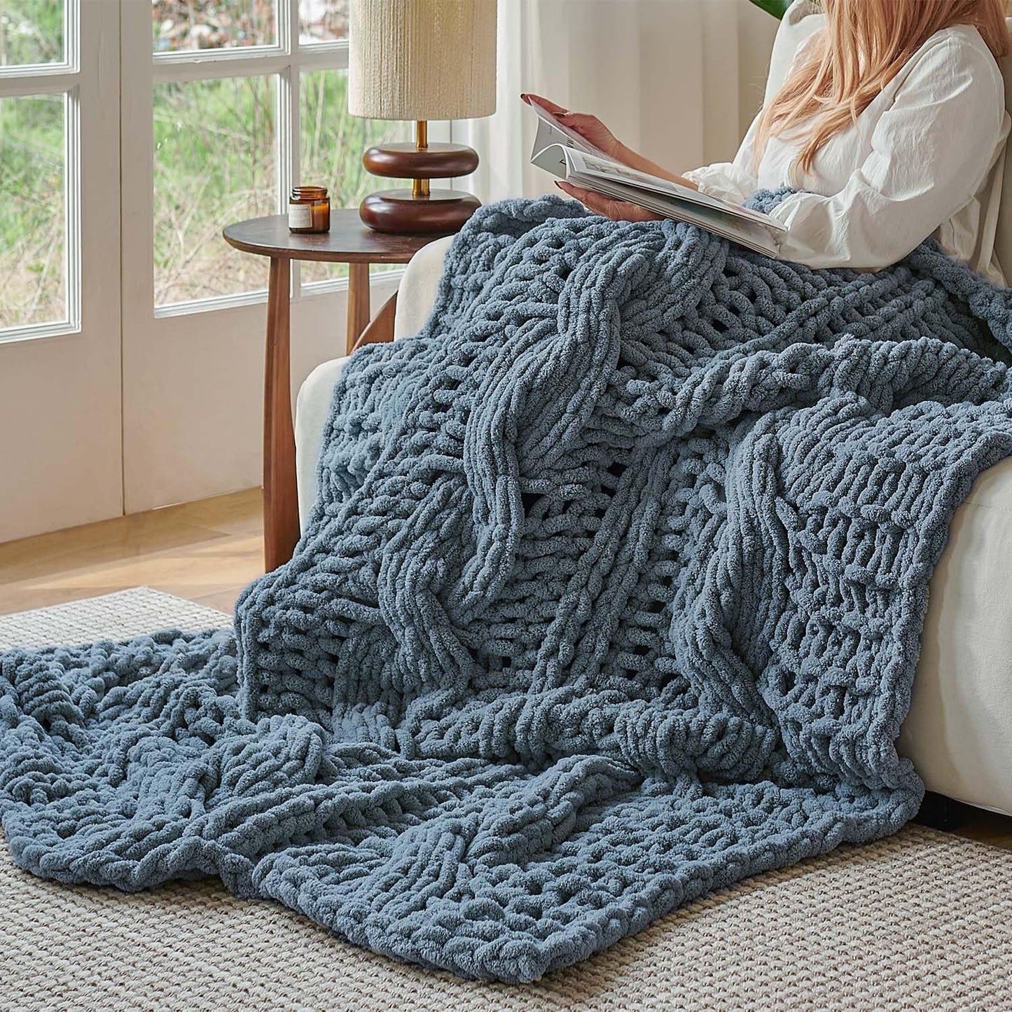 Esterra Chunky Knit Blanket Throw 50"x60", 100% Hand Knitted Chenille Throw Blanket, Cozy Soft Thick Cable Knit Throw Large Rope Knot Crochet Throw Blanket for Sofa Couch Bed, Blue Mirage
