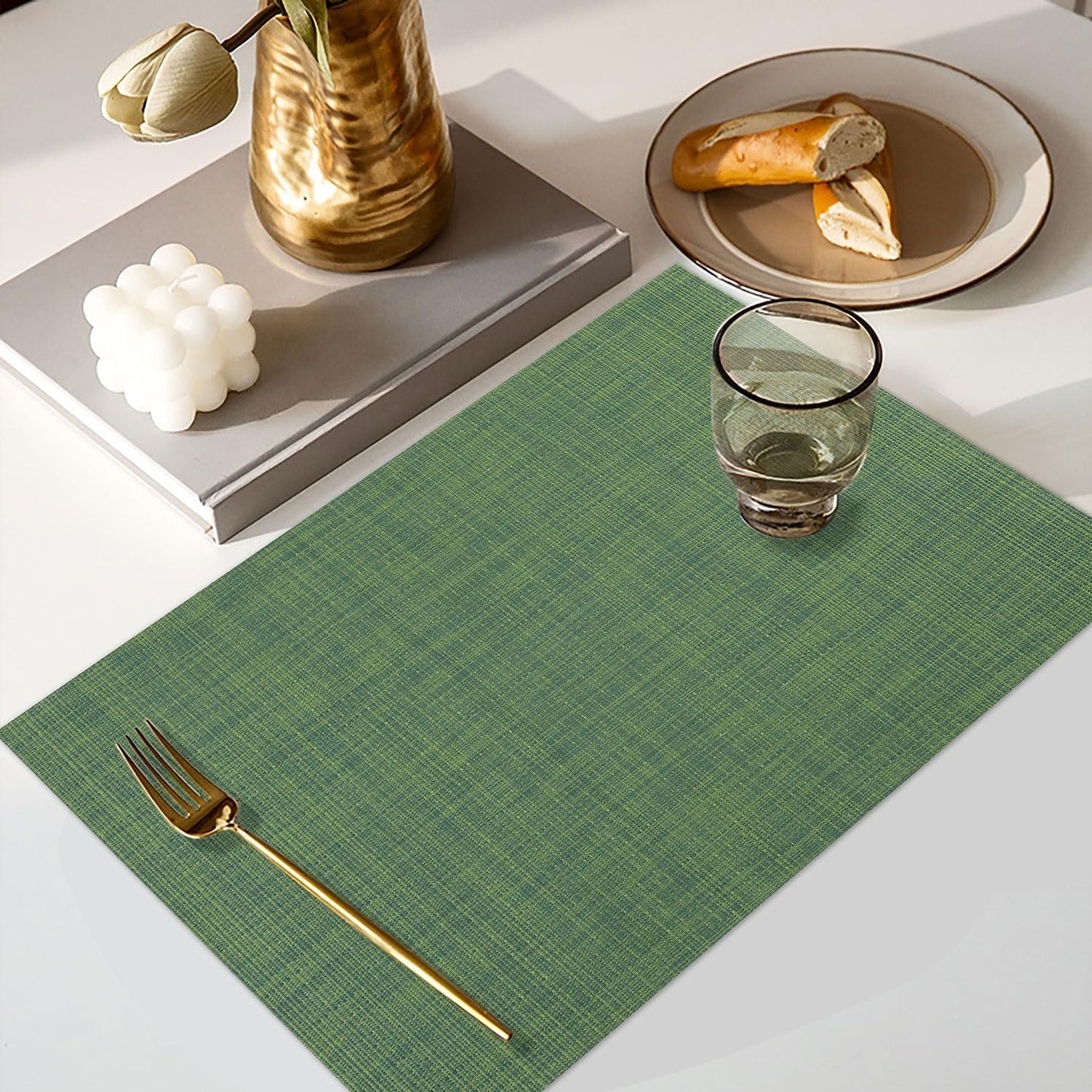 Vinyl Placemats Set of 6, PVC Woven Washable Non-Slip Table Mats, Heat Resistant Wrinkle Free Place Mats for Dining Table, Easy to Clean (6, Green)