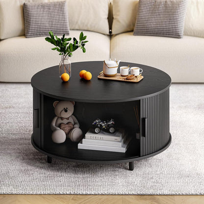 Round Coffee Table with Storage, 31.5" Modern Coffee Table with 360° Curved Sliding Door, Fluted Wood Accent Coffee Table with Adjustable Footpads, Round Center Table for Living Room, Black