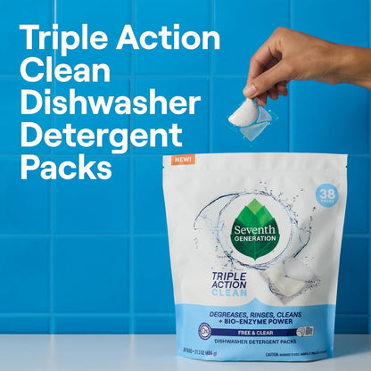 Seventh Generation Triple Action Clean Automatic Dishwasher Detergent Packs with Bio-Enzyme Power, Free & Clear, Fights 48-hour Stuck-on Food, 54 count