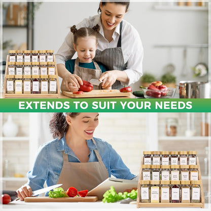 3-Tier Natural Bamboo Spice Rack Organizer - for Kitchen Cabinets, Countertops & Pantries - Space-Saving Tiered Shelf