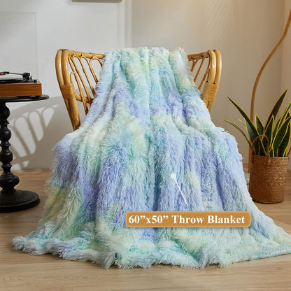 XeGe Plush Faux Fur Rainbow Throw Blanket, Tie Dye 50x60 Shaggy Furry Blanket Throw, Fluffy Microfiber Velvet Couch Blanket, Soft Colorful Fuzzy Lap Blanket for Girls Teens Women Kid Rainbow Blue