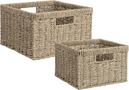 StorageWorks Wicker Storage Baskets, Large and Small Baskets, Handwoven Seagrass Basket for Organizing, Decorative Wicker Baskets with Built-in Handles, Set of 2