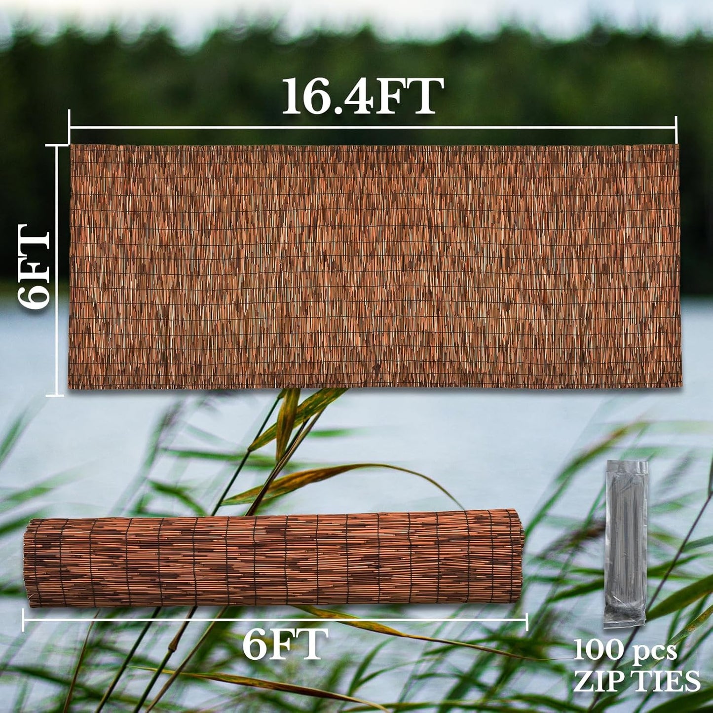 Brown 6FT X 16.4FT Reed Fencing Roll, Balcony Privacy Reed Shade Bamboo Fencing Garden Fence Border, Wind Block Sunshade Fence Screen for Outdoor Yard Patio Flower Bed Edge