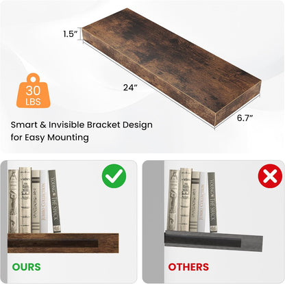 Floating Shelves for Wall, 24"W x 6.7"D x 1.5"H, Wooden Wall Mounted Display Shelf with Invisible Brackets for Living Room, Bedroom, Bathroom, Kitchen Decor and Storage, Set of 2, Rustic Brown