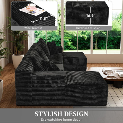 Modular Sectional Sofa Cloud Sectional Couch, 107" Comfy Fluffy U Shaped Black Couches for Living Room, Deep Seat Memory Foam Plush Corduroy Boneless Couch Sectionals with Left Facing Chaise Sofa