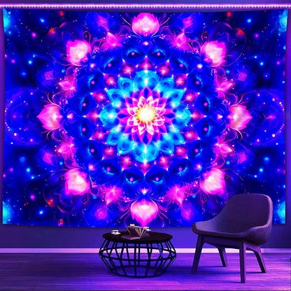 PSYHILAR Blacklight Mandala Tapestry for Bedroom, Psychedelic Black Light Posters for Adults and Teens, Colorful UV Reactive Aesthetic Bohemian Art Wall Hanging Decor (90 x 70 Inches)