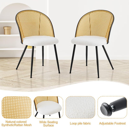 Rattan Dining Chairs Set of 6, Mid-Century Modern Kitchen Dining Room Chairs with Full Cane Backrest Armless Upholstered Farmhouse Boucle Dining Chairs with Metal Leqs for Dining Room, White
