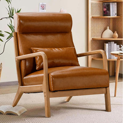INZOY Mid Century Modern Accent Chair with High Back, PU Leather Reading Armchair with Waist Cushion, Upholstered Wood Frame Living Room Chairs for Bedroom Sunroom, Camel