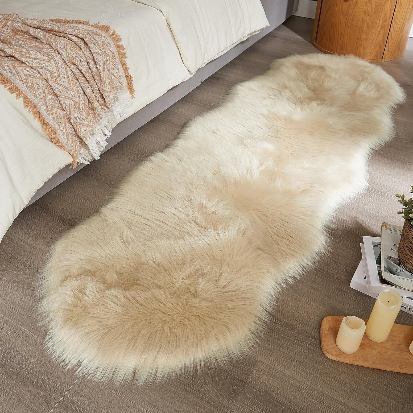 AMTOVO Faux Sheepskin Rug, Beige Ultra Soft Fluffy Shag Area Rug, 2 x 6 ft Faux Fur Rug for Bedroom Sofa Throw Cushion Room Decor, Sheepskin