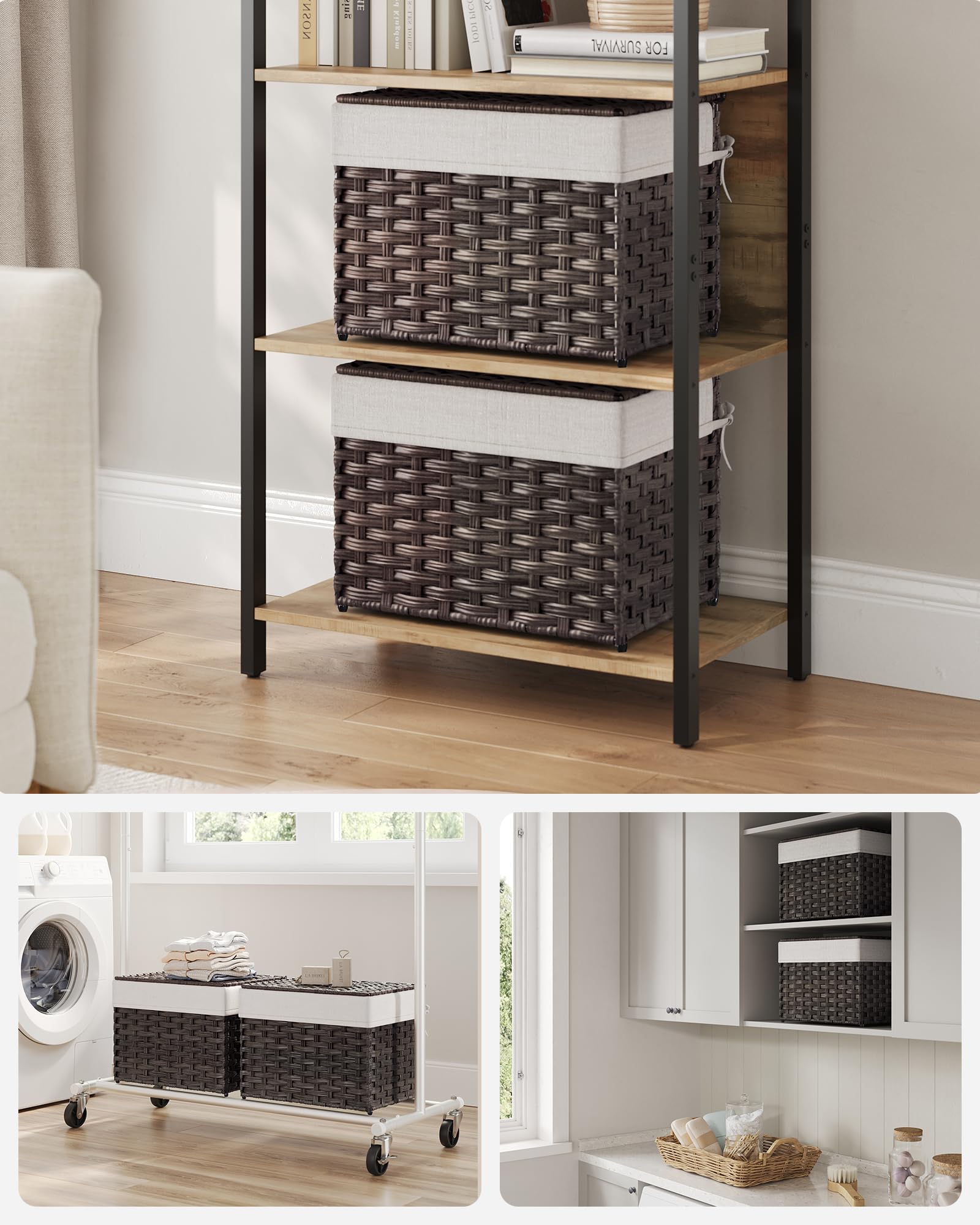 SONGMICS Storage Basket with Lid, Woven Blanket Storage Bin with Handles, Foldable, Removable