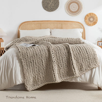 Chunky Knit Blanket Throw, 100% Hand Knit Throw Blanket Handmade Chenille Cable Knit Throw for Couch, Stylish Cozy Soft Rope Knot Crochet Blanket for Home Decor, Beige Linen, 50x60 Inches