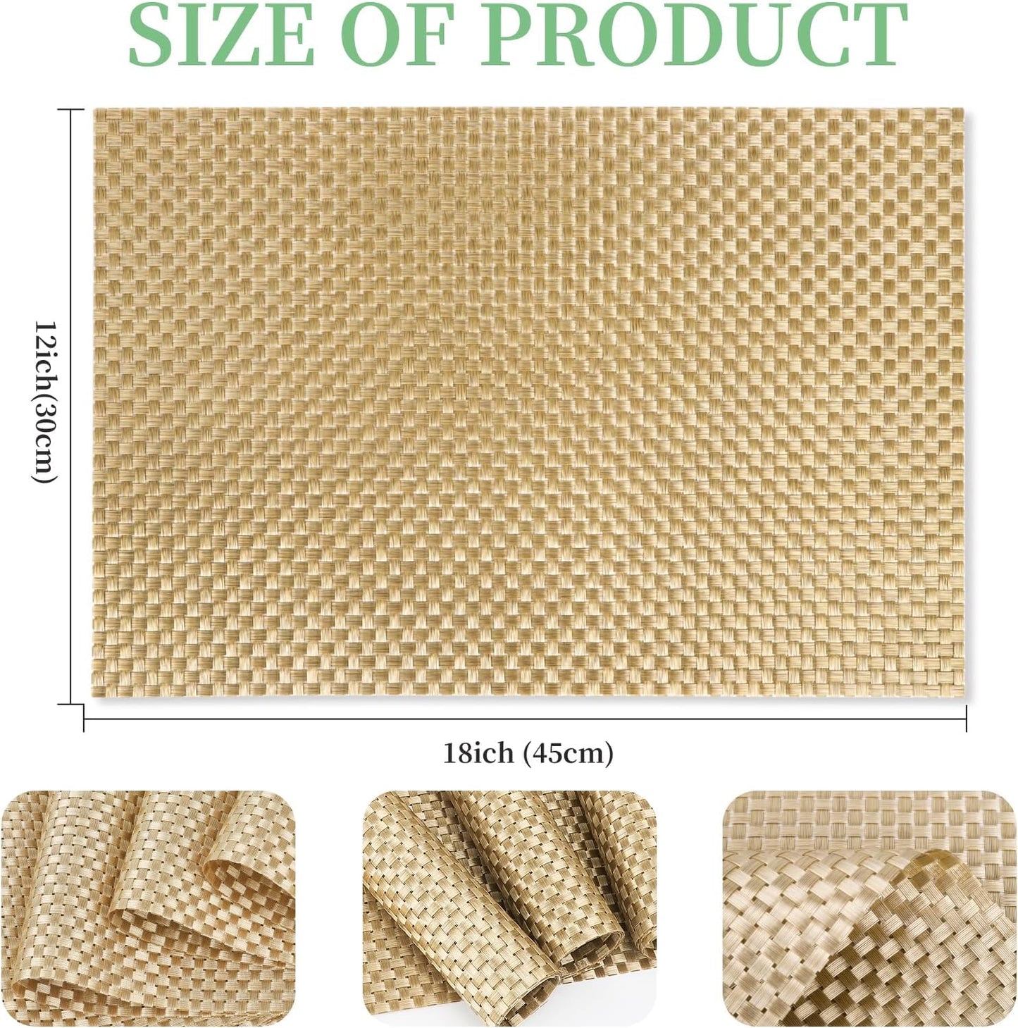 Vinyl Plastic Placemats Set of 6 Washable Heat Resistant Non-Slip Elegant Indoor Outdoor Kitchen Dining PVC Woven Table Place Mats (Gold Weaving)
