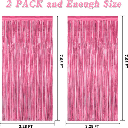 2 Pack Pink Party Decorations, 3.28 FT x 7.05 FT Pink Backdrop, Metallic Tinsel Backdrop Fringe Curtains Backdrop Curtains, Photo Backdrop Party Supplies Birthday Party Decorations