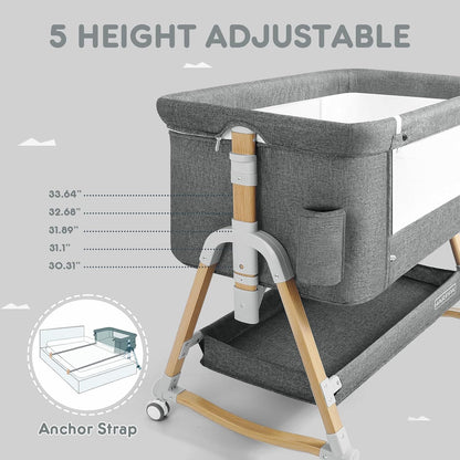 HARPPA Cuddly Bassinet, 3 in 1 Baby Bassinet Bedside Sleeper, Bedside Crib with Mattress and Wheels, Breathable Mesh, 5 Height Adjustable, Anchor Strap (Wood Grain, Grey)