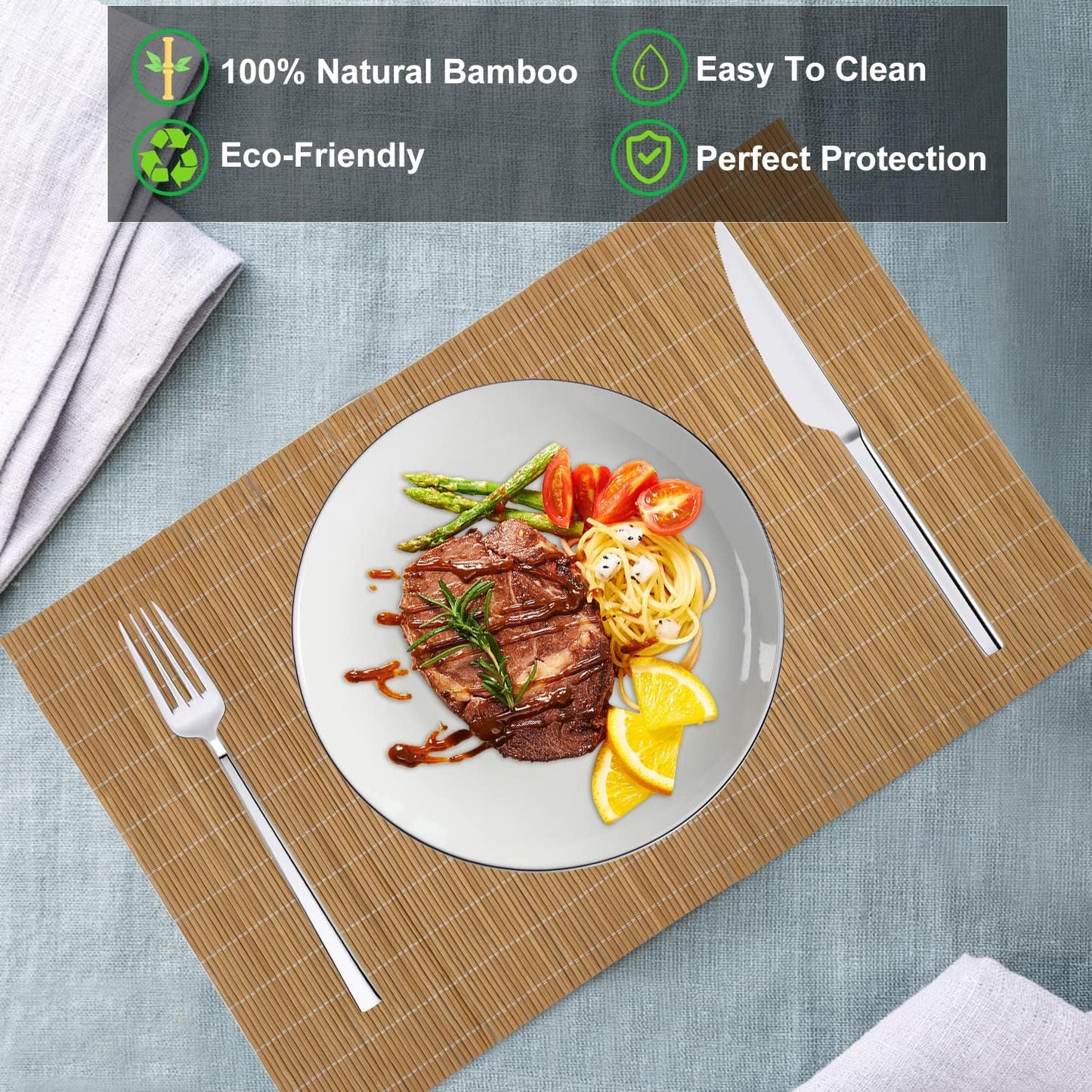 ANDSTAR Bamboo Placemats Set of 6 Non-Slip - 12x18 Inch Waterproof Table Mats for Dining, Eco-Friendly Reusable Dishwasher Safe Kitchen Decor, Thick Heat Resistant Home Accessories (Brown)