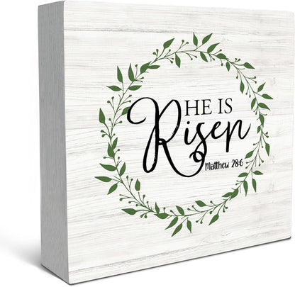 SRADMO He Is Resen Wood Box Sign Desk Decor, Christian Decor Wooden Sign Decoration For Home Office, Wooden Sign Decorations Indoor, Christian Signs For Home Decor Shelf Table Decor