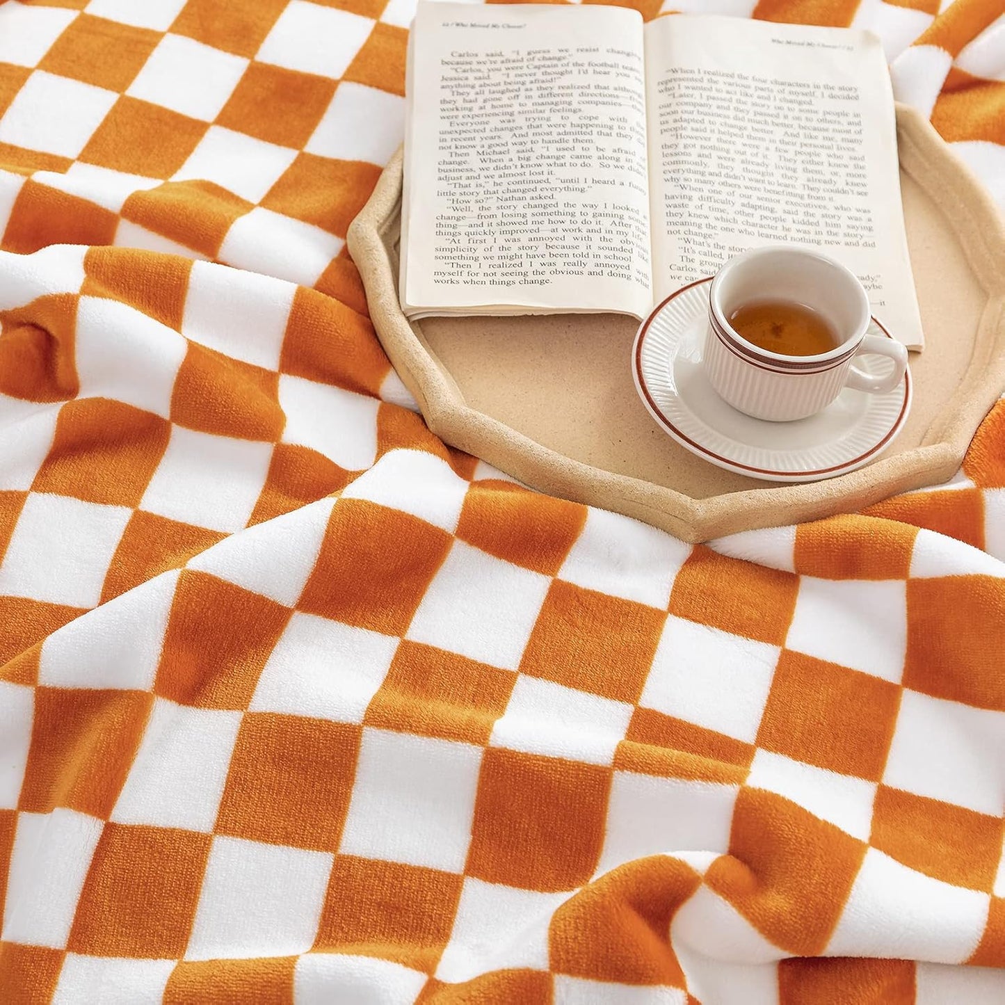 LOMAO Throw Blankets Flannel Blanket with Checkerboard Grid Pattern Soft Throw Blanket for Couch, Bed, Sofa Luxurious Warm and Cozy for All Seasons (Orange, 50"x60")