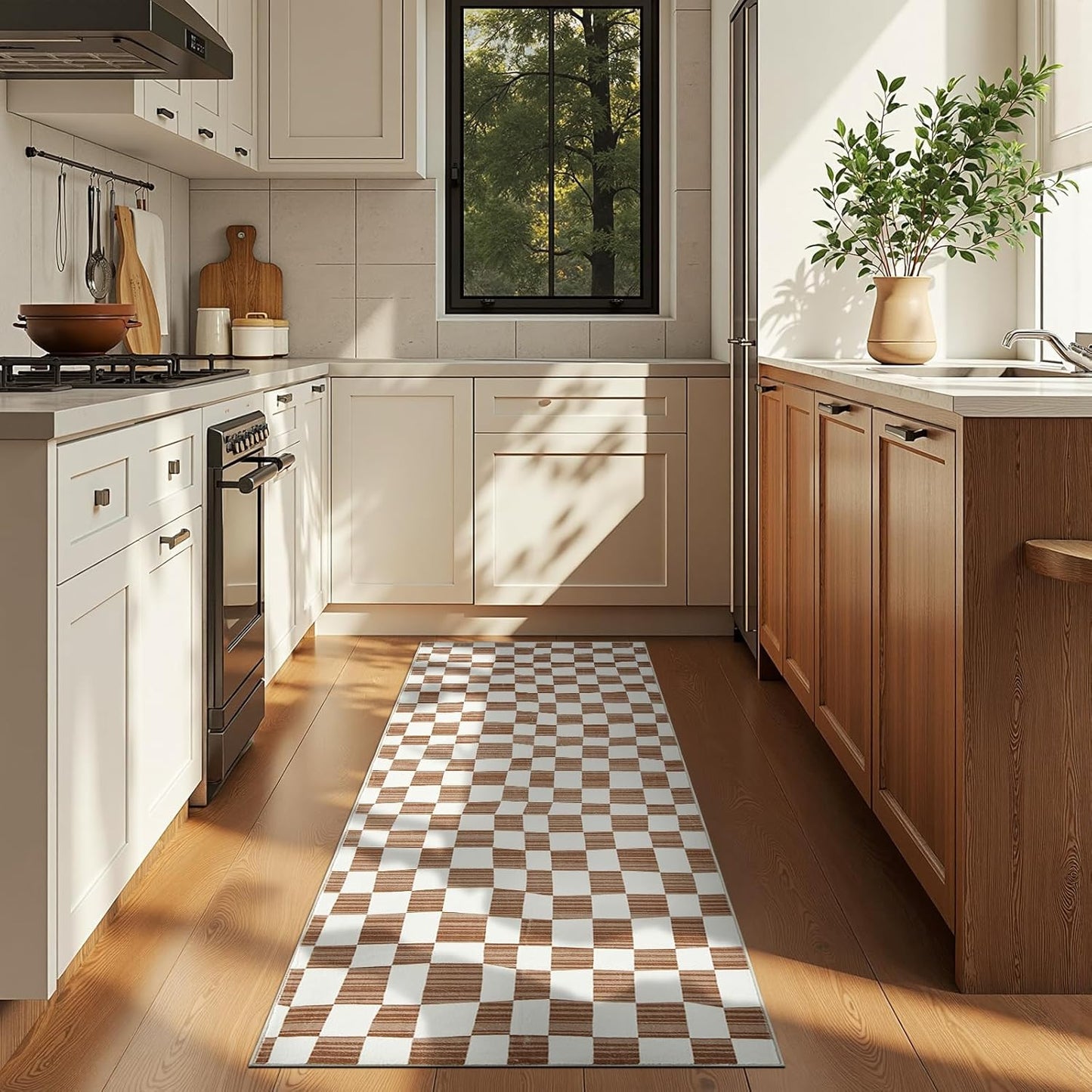 jinchan Runner Rug 2x6 Hallway Washable Modern Checkered Geometric Lattice Kids Bedroom Rug Indoor Floor Cover Non Slip Soft Carpet for Nursery Room Kitchen Laundry Room Home Brown