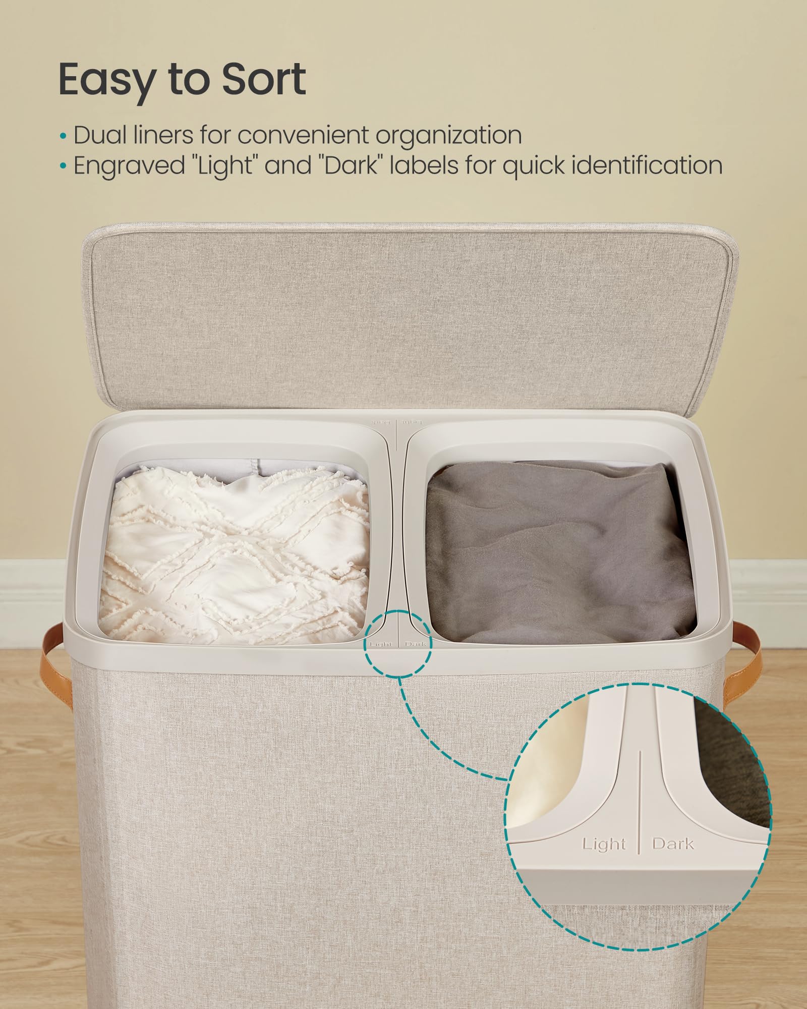 SONGMICS Laundry Basket, 44.9 Gal. Laundry Hamper, 2 Compartments, Easy Assembly, with Lid and
